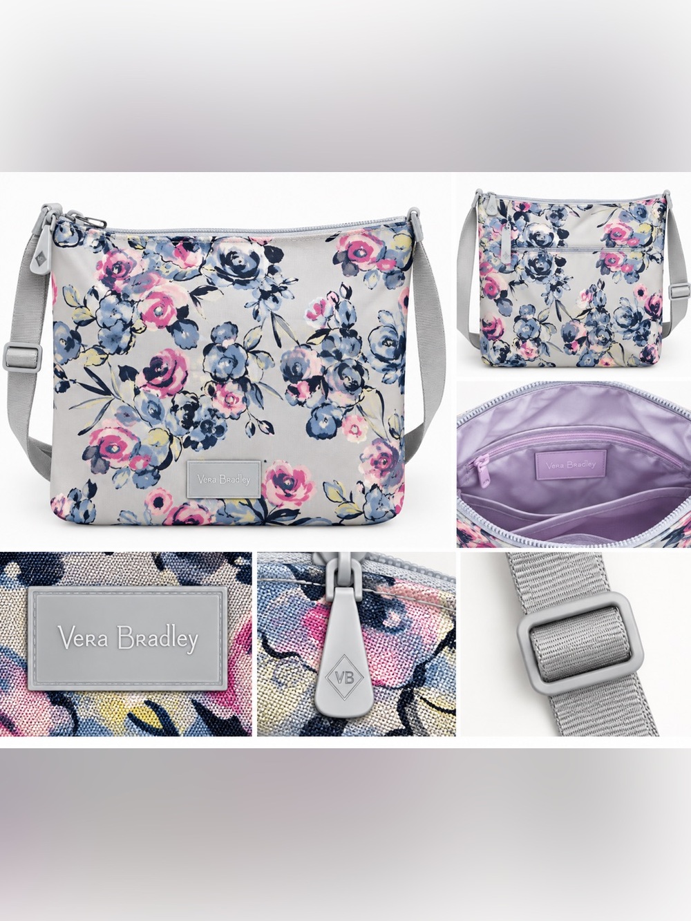 NWT Vera Bradley ReActive Hipster Crossbody Bag Gray Pink Adjustable Strap